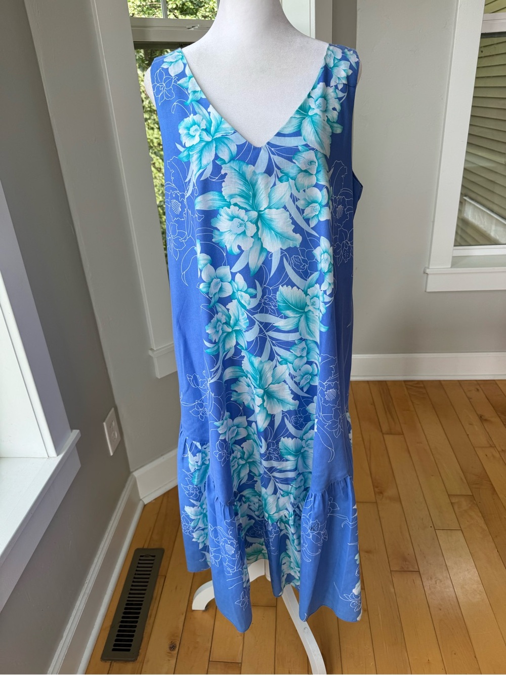 Vintage Hawaiian Blue Tropical Floral Cotton Ruffle Maxi Dress Muu Muu